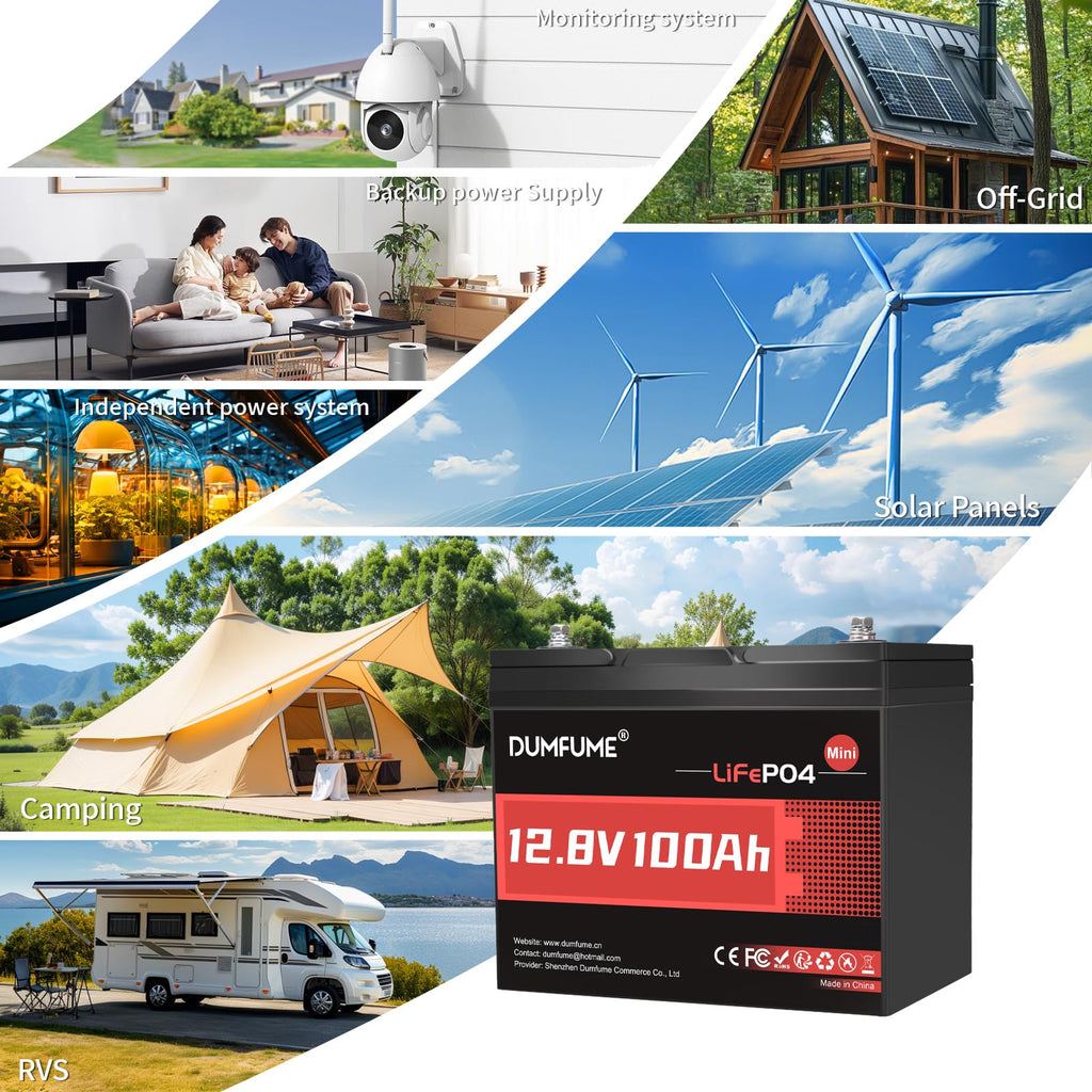 12V 100Ah Mini LiFePO4 Lithium Battery, Built-in 100A BMS