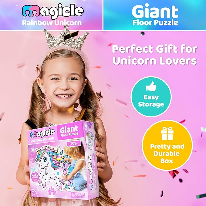 Rainbow Unicorn Giant Floor Puzzle with Sounds, 35 Piece Extra Thick Puzzles, Unicorn Toys for Girls Age 4-6, Floor Puzzles for Kids Ages 3-5 and 6 Year Old Gifts