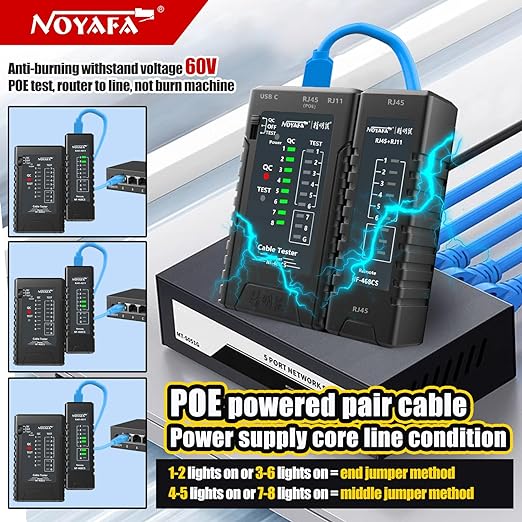 NOYAFA Network Cable Tester for RJ45, RJ11, RJ12 /Cat5, Cat5e, Cat6, Cat6a, Cat7, Phone Line Cat3, Ethernet Tester, LAN Cable Test Tool (Black)