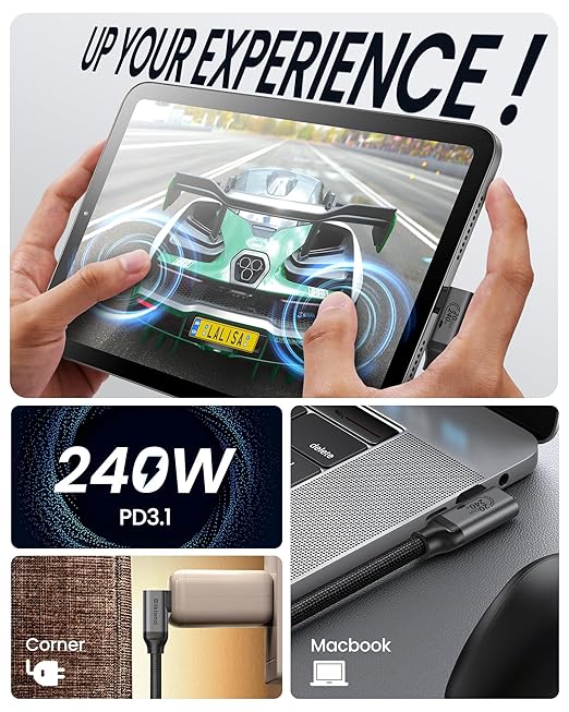 Silkland USB C 3.2 Gen 2x2 Cable Right Angle 3.3FT, 20Gbps 90 Degree High Speed Data Transfer, 5K/4K 60Hz Type C Monitor Cable, 240W PD, Compatible for SSD, Hub, Dock, eGPU