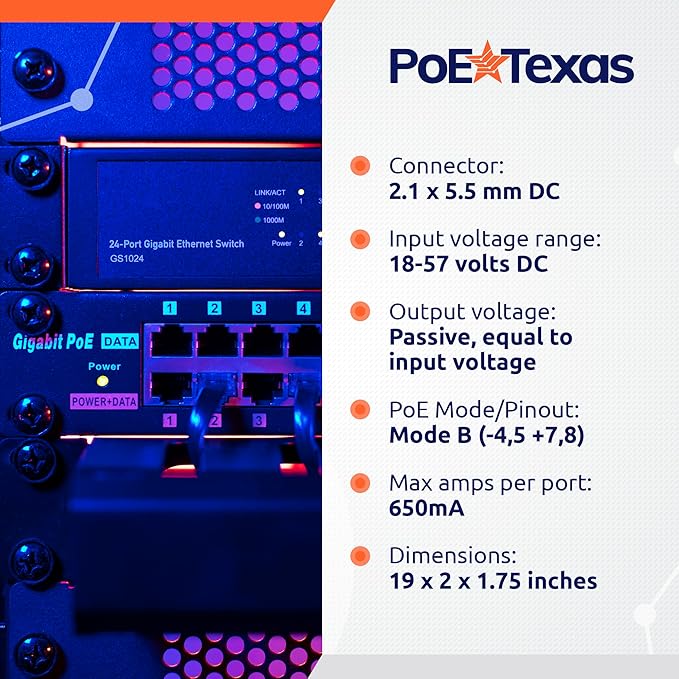 PoE Texas 24 Port PoE Injector - Multi-Port PoE Gigabit Rack Mount Midspan for IP Cameras, Phones, WiFi AP, Add Power Over Ethernet to Non-PoE Switch or Network Router, Includes 56v 240w Power Supply