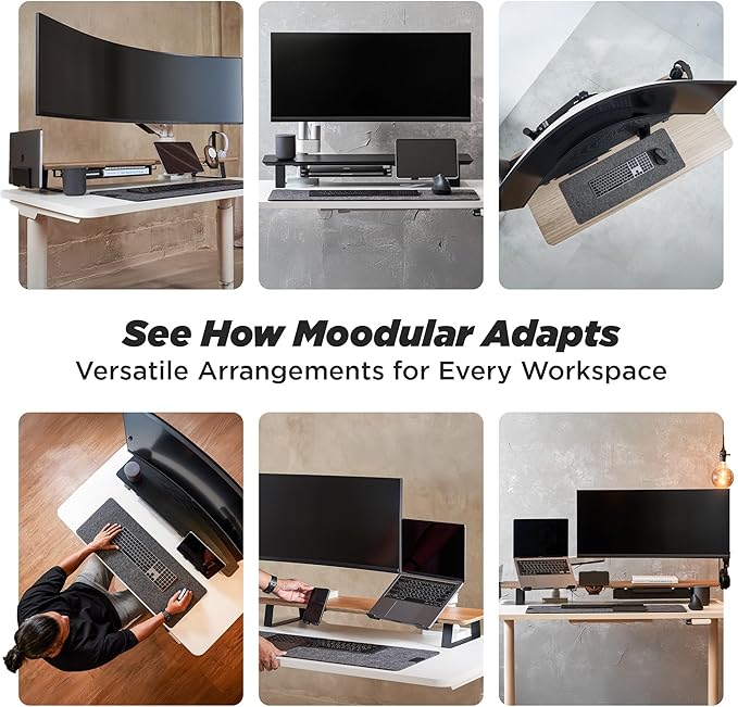 Moodular Wooden Monitor Stand 45.6” (116cm) Large Desk Organizer with Metal Slide Rails for Drawer, Tray, Laptop, Tablet, Phone & Headphones Customizable Riser for Organized Workspace Black