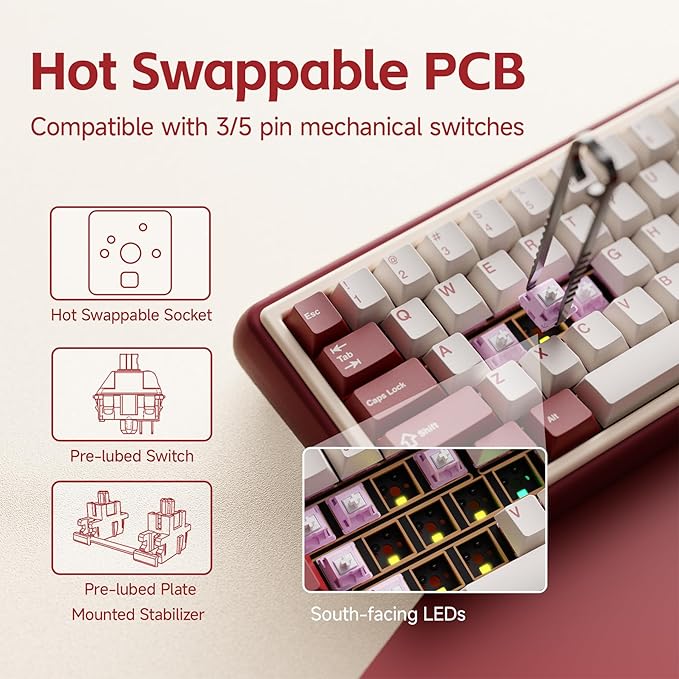 Chilkey Foxy65 Mechanical Keyboard with Knob, Gasket Mount 65% Aluminum Wireless Mechanical Keyboard, BT5.0/2.4GHz/USB-C, Hot Swappable, RGB Backlit Computer Custom Key Board for PC