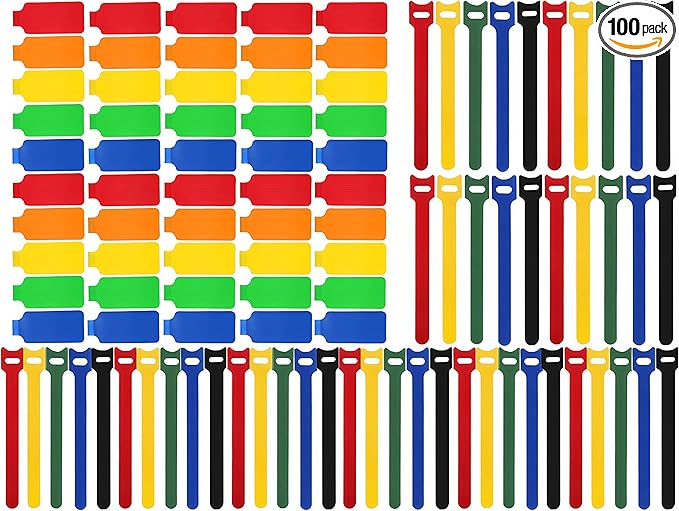 100 Pcs Multicolor Write On Cable Labels & Reusable Fastening Cable Ties Set for Cable Management in Home Office