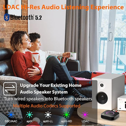 1Mii B06S+ LDAC Bluetooth 5.3 Receiver for Home Stereo Hi-Res Music Streaming, Hi-Fi Wireless Audio Adapter with aptX HD/LL, Long Range, Volume Control, RCA/3.5mm AUX Outputs