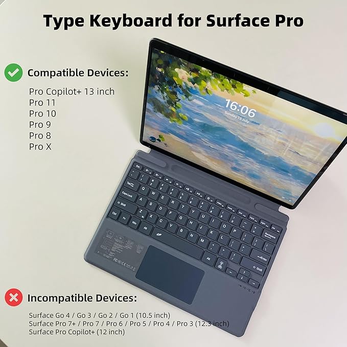 Keyboard for Microsoft Surface Pro Copilot+ (11th Edition) / Pro 11 / Pro 10 / Pro 9 / Pro 8 / Pro X, 13 inch, Detachable Type Cover with Touchpad, Pen Holder (Grey Without Backlit)