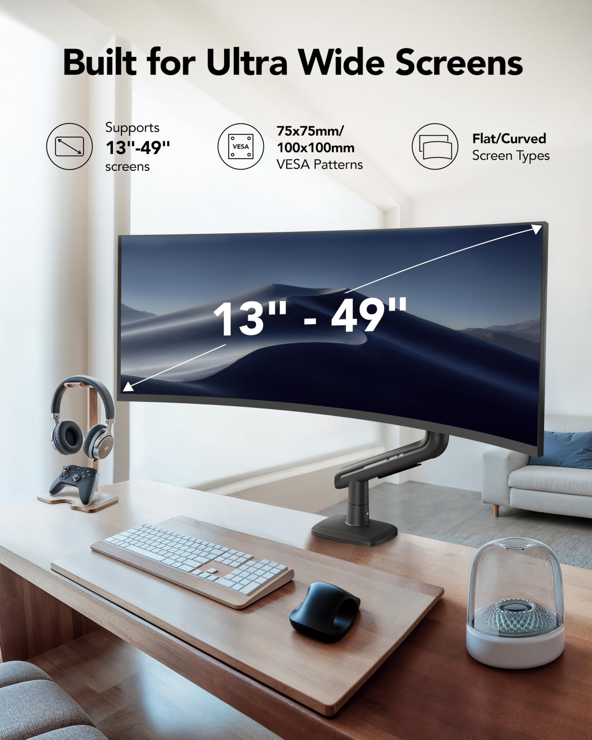 HUANUO TitanLift Heavy Duty Monitor Arm for Screens up to 49", Holds 44 lbs, Aluminum Ultrawide Screen Monitor Mount, Fully Adjustable Single Gaming Desk Mount with Dual C-Clamp, Max VESA 100x100mm