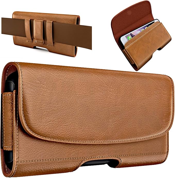 PiTau Holster for Samsung Galaxy Ultra S26 S25 S24 S23 S22 S21 A73 A54 A53, Phone Belt Clip Holder Case for Google Pixel Pro XL 9 8 7 6 4 3, Men's Big Cellphone ID Card Carrying Pouch, Brown X-Large
