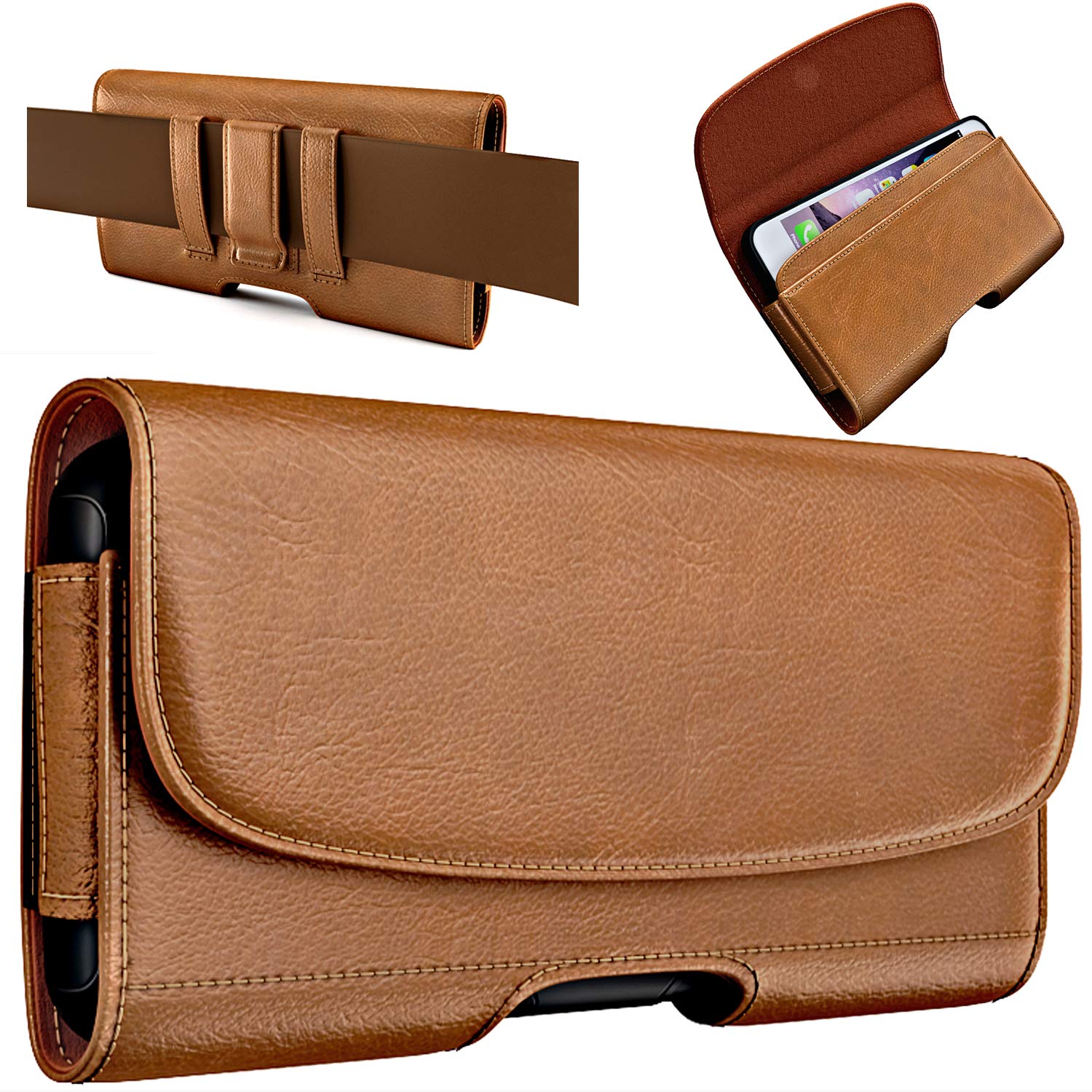 PiTau Holster for Samsung Galaxy Ultra S26 S25 S24 S23 S22 S21 A73 A54 A53, Phone Belt Clip Holder Case for Google Pixel Pro XL 9 8 7 6 4 3, Men's Big Cellphone ID Card Carrying Pouch, Brown X-Large