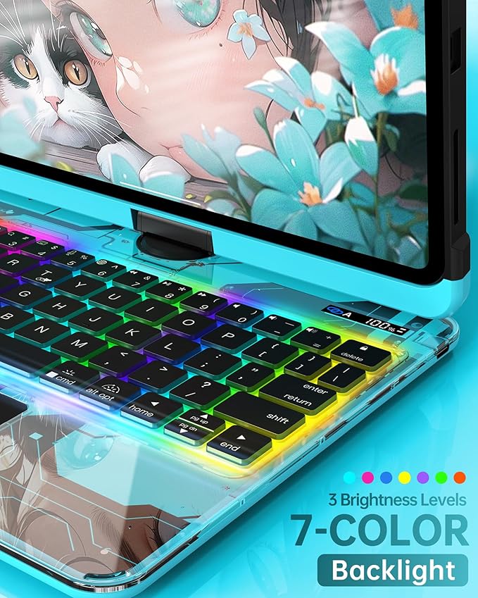 Intermerge Clear Keyboard Case for iPad Air 11" (M3/M2, 2025/2024), Air 5th/4th, Pro 11" 2022-2018, 360° Swivel Multi-Touch Trackpad, 7-Color Backlit, Pencil Holder, Type-C, Aqua Pulse