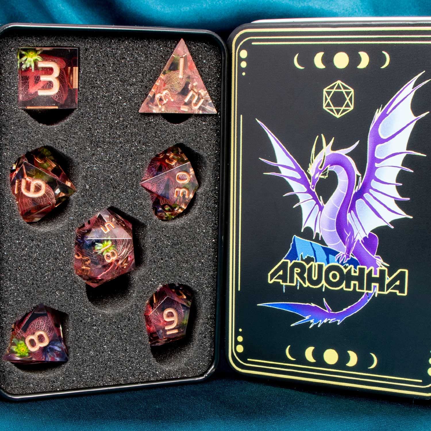 ARUOHHA DND Resin Dice Translucent Pink Leaf Sharp Edged Dragons Dice Set with Box, 7pcs Flower Inclusions Polyhedral Dungeons D and D Dice RPG Role Playing Game D20 D12 D10 D8 D6 D4