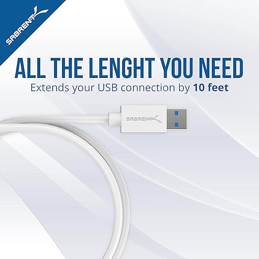 SABRENT USB 3.0 Extension Cable, A-Male to A-Female, 10ft, White (CB-301W)