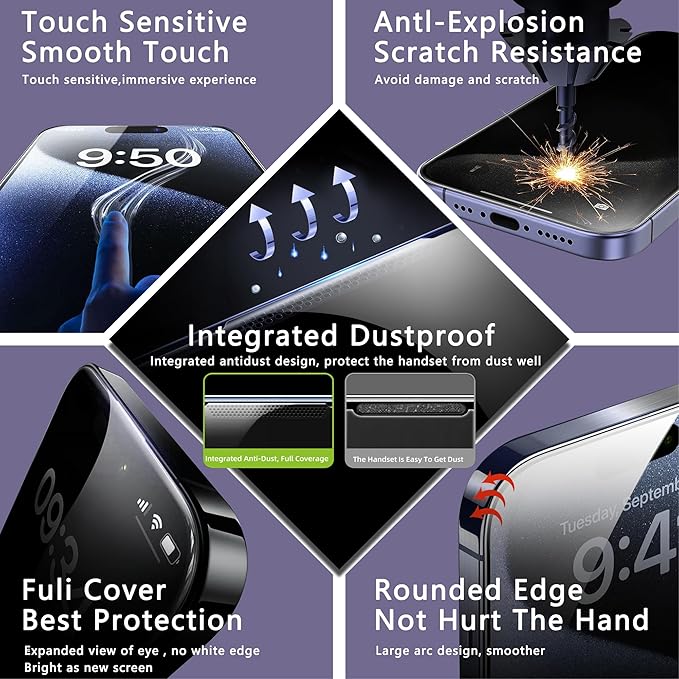 2 Pack Anti Blue Light Matte Screen Protector for iPhone 16e/iPhone 14/iPhone 13 Pro/iPhone 13, 9H Tempered Glass, Full Cover, Anti-Fingerprint, Auto Dust-Elimination, No Bubble, Easy Installation