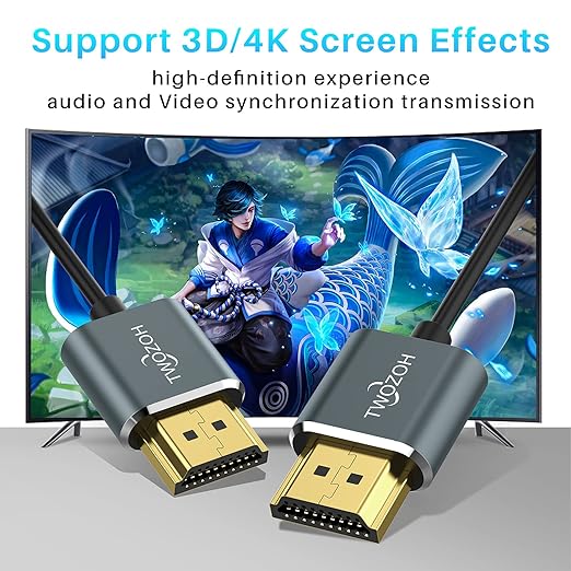 Twozoh Ultra-Thin HDMI to HDMI Cable 6.6FT, Hyper Slim HDMI 2.0 Cable, Extreme Flexible HDMI Cord Support 3D/4K@60Hz, 2160P, 1080P