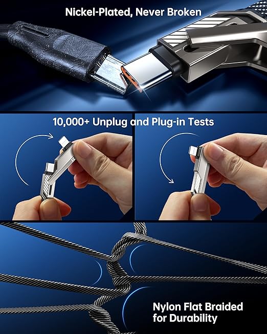 4-in-1 USB C Cable 3FT Compatible with Lightning Cable 90 Degree Fast Charging Flat Nylon Braided for iPhone/iPad Charger Cord Multi Charge Cord with L/USB C/USB A Ports, Grey