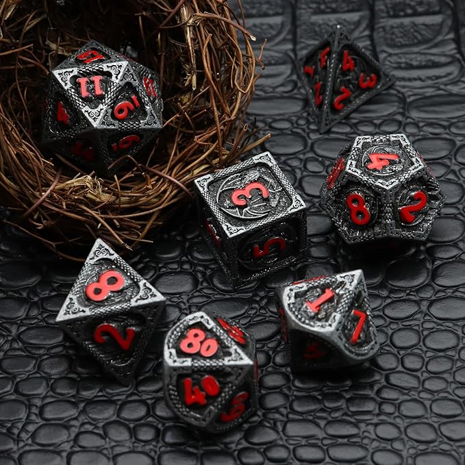 Haxtec Metal DND Dice Set Black Red Dragon D&D Dice Set with Leather Dice Bag Metal Polyhedral Dice Compatible with Dungeons and Dragons Gifts TTRPG Dice