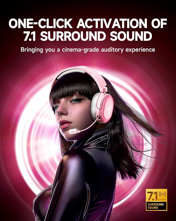 Wireless Gaming Headset, 7.1 Surround Sound, 2.4GHz USB Gaming Headphones with Bluetooth 5.4, 100H Battery, ENC Noise Canceling Mic, RGB Light, Wireless Headset for PC PS5 PS4 Mac Switch (Gray-Pink)