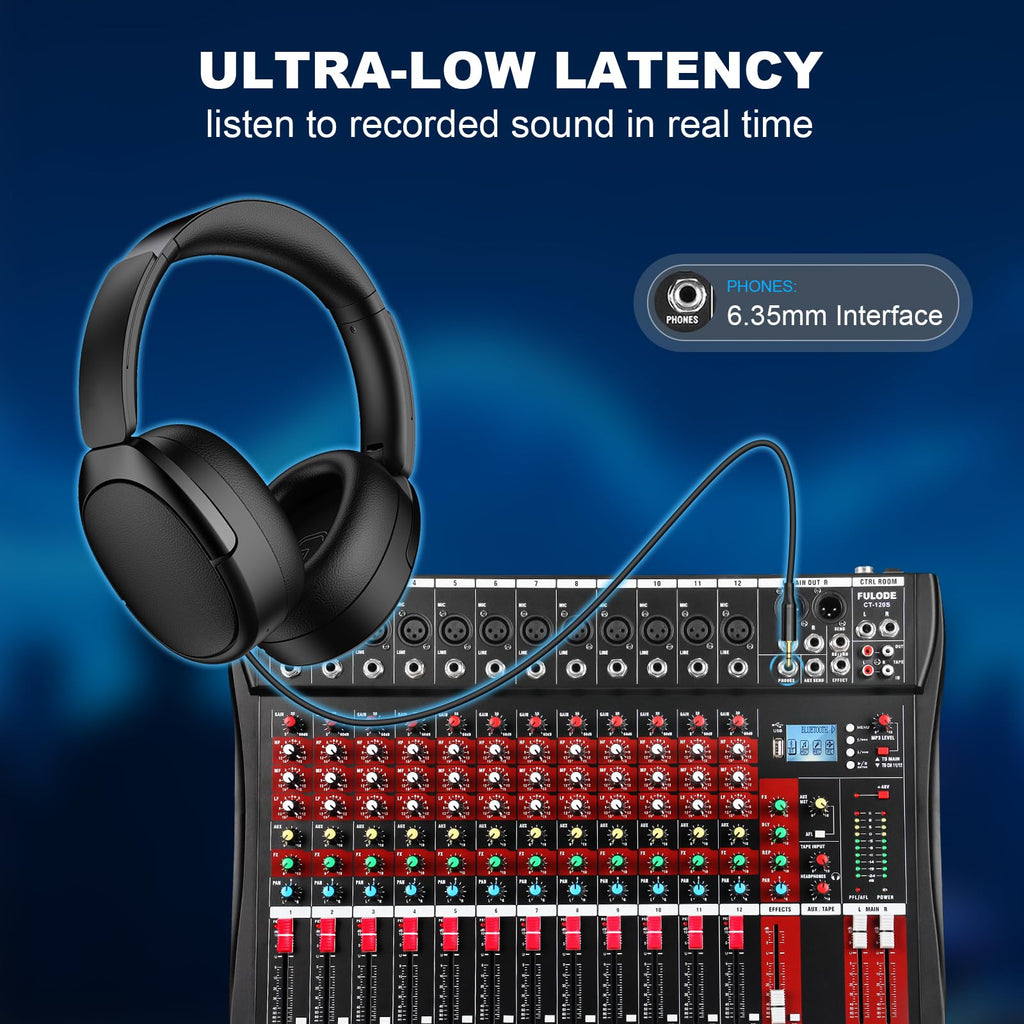 FULODE 12 Channel Audio Mixer, Professional Music Mixer Board DJ Mixing Console with Bluetooth, USB/MP3 Player, Reverb, and 48V Phantom Power for Studio Recording, Karaoke, and Live Performances