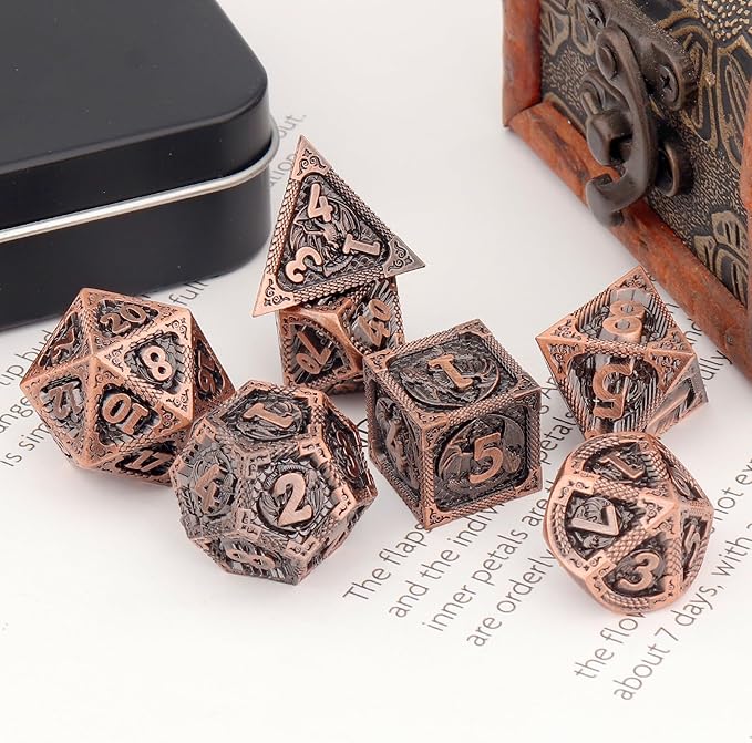 PJOY Metal DND Dice Set D&D Dragon Dice Copper with Metal Case D and D Dice for Dungeons and Dragons TTRPG Gifts