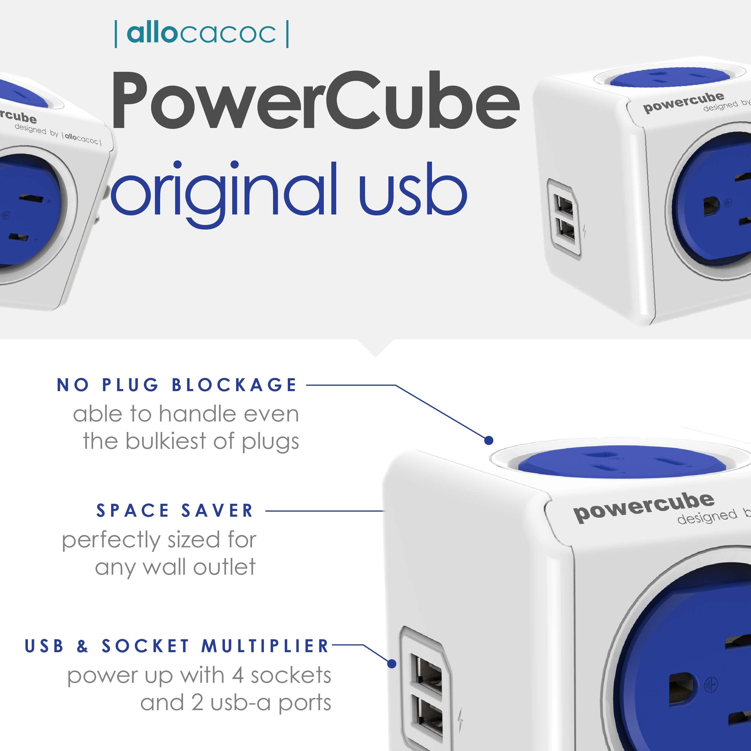 USB Wall Plug, Allocacoc PowerCube Original 4 Outlets 2 USB Ports Phone Charger Power Adapter Surge Protector Compact for Travel, Home Office Dorm Space Saving, 125V 15A 1875Watt ETL Certified Blue
