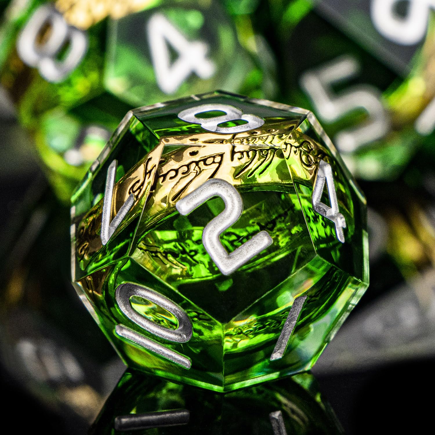 ORIFANTOU Magic Golden Ring DND Dice Set with Case, Green Resin Sharp Edge D and D Dice for use with D&D Tabletop Games Lord Handmade Polyhedral Dice Set D20 D12 D10 D8 D6 D4