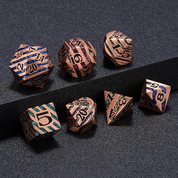 Metallic Glitter Stripes D&D,DND Metal Dice,7pcs Polyhedral Dice Set with Gift Case for D&D Tabletop Game (Antique Red Copper Seven Colors)