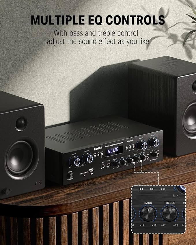 Donner Bluetooth 5.0 Stereo Audio Amplifier Receiver, 4 Channel 440W Peak Power Home Theater Stereo Receiver with USB, SD, FM, 2 Mic in Echo, RCA, LED, Speaker Selector for Studio, Home - MAMP5