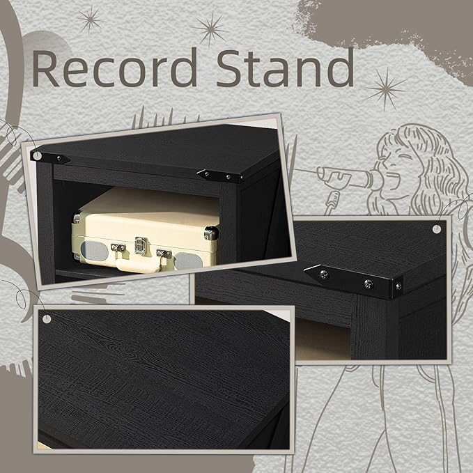Record Player Stand with Vinyl Record Storage,Black Record Player Table Holds up to 160 Albums,Large Wood Turntable Stand Cabinet Dispaly Shelf for Living Room,Bedroom,Office