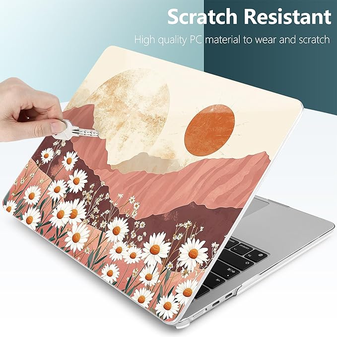 TWOLSKOO Compatible with M4 MacBook Air 15 inch Case 2025-2023 Released Model M4 A3241 M3 A3114 M2 A2941, Plastic Hard Shell & Screen Protector & Keyboard Cover & Type C Adapter, Mountains & Daisies
