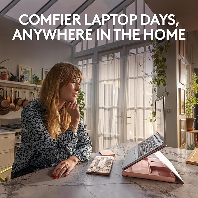 Logitech Casa Pop Up Desk Kit - Adjustable Laptop Stand for Desk, Wireless Keyboard & Touchpad, Bluetooth, USB C Charging, Bohemian Blush, Pink