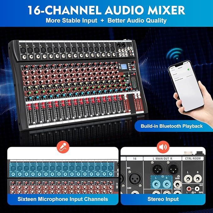 16 Channel Audio Mixer, Soundboard Mixing Console Sound Mixer DJ Sound Controller with USB & Bluetooth, Studio Audio Mixer for Professional and Beginners (16 Channel)