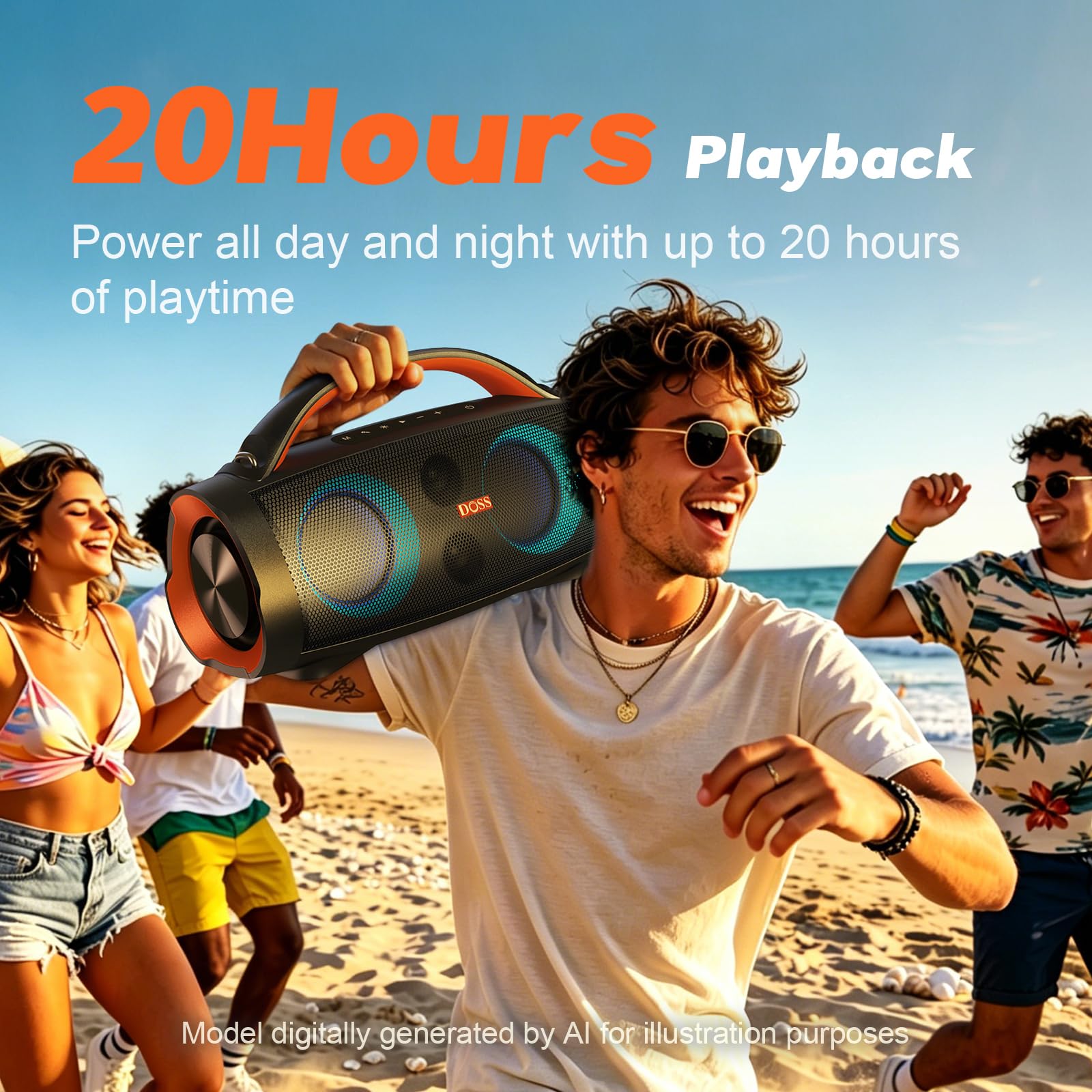 DOSS Extreme Boom Pro 100W Loud Outdoor Speaker, 2+2 Channel, IPX6 Waterproof, Bluetooth 5.3, 20H Playtime, Dynamic Lights, Portable Speaker for Camping, Beach, Pool, Working Outside - Orange
