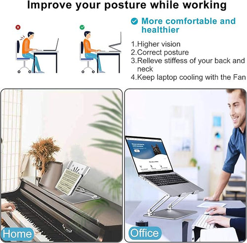 Adjustable Laptop Stand with Cooling Fan, Aluminium Alloy Multi-Angle Computer Holder for Desk, Portable Notebook Metal Mount Compatible with MacBook, Air, Pro, Dell, Alienware All Laptops 11"-17.3"