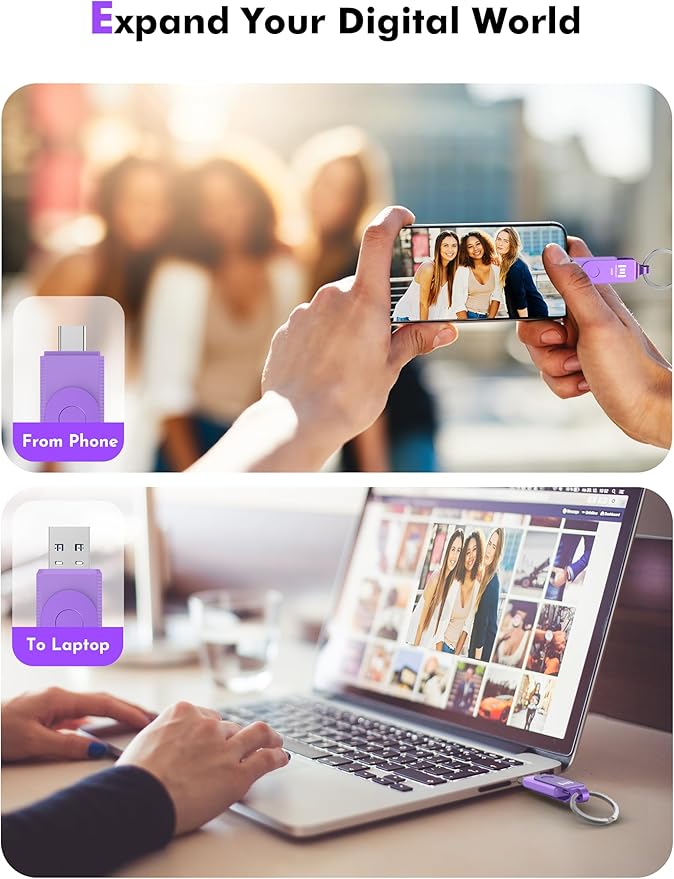 MOSDART 64GB USB3.1 Fast Speed C and A Dual Flash Drive, exFAT Memory Stick with Keychain and LED Indicator, for iPhone 15 and 16, Android Phone, iPad, MacBook, and Other Laptops, Purple