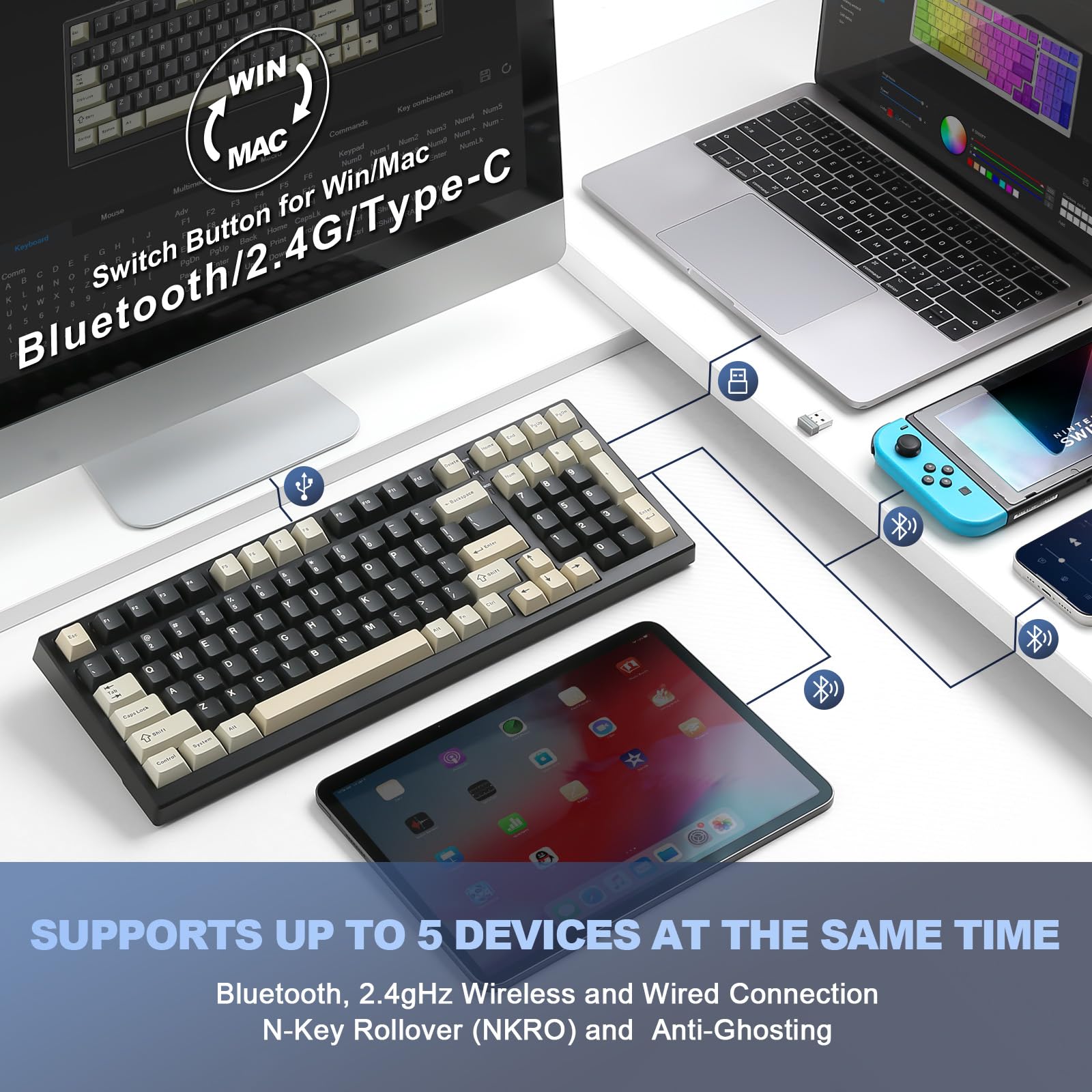 YUNZII YZ98 Gasket Mechanical Keyboard,99 Key Hot Swappable BT5.0/2.4G/USB-C Wireless NKRO 98% 1800 Layout with RGB LED Backlit for Linux/Win/Mac(Black, Cocoa Cream V2 Switch)