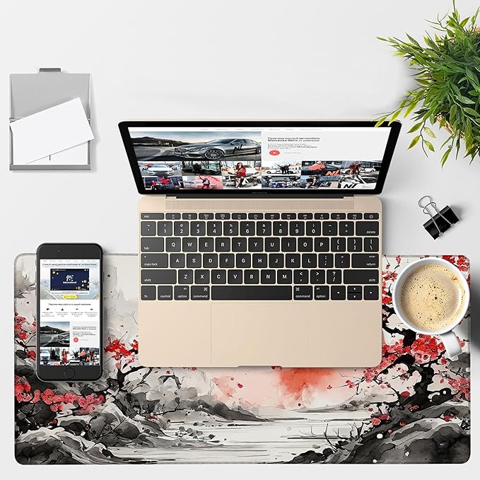 Large Mouse Pad Ink Painting Gaming Desk Pad Computer Keyboard Non-Slip Waterproof Mouse Mat with Rubber Base and Stitched Edges Entertainment Office Writing Desk Mat 35.4 x 15.7 Inches