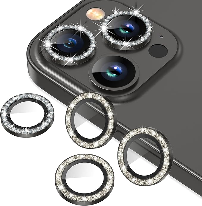 AGVEE 3+3 6 Pack for iPhone 12 Pro Max 6.7" Camera Lens Cover Protector, Bling Diamond & Bling Glitter Metal Ring 9H Tempered HD Glass Camera Cover Protector Film, Bling-Black