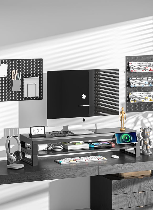 2-Tier Metal Computer monitor stand Laptop Desk Shelf & Monitor Riser ，27.55 inches long desk riser ,22W charging power, 2 USB 3.0 ports, and 1 USB 2.0 port Monitors/PC/Laptop/Computer Space Saver Organizer(USB Hub Fast Charging Version, Two-layer 700mm)