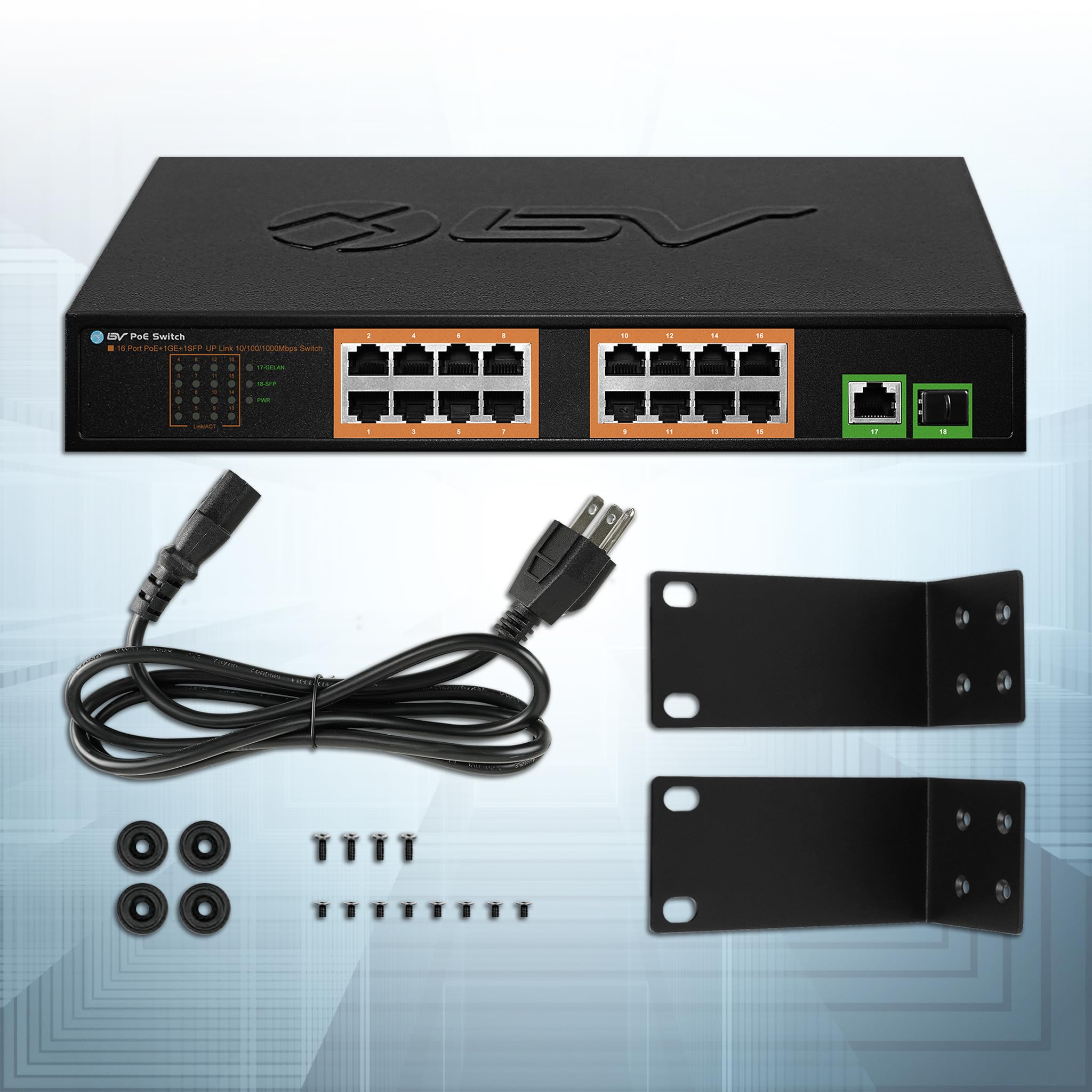 BV-Tech 16-Port PoE+ Switch with 1 Gigabit & 1 SFP Uplink, 120W