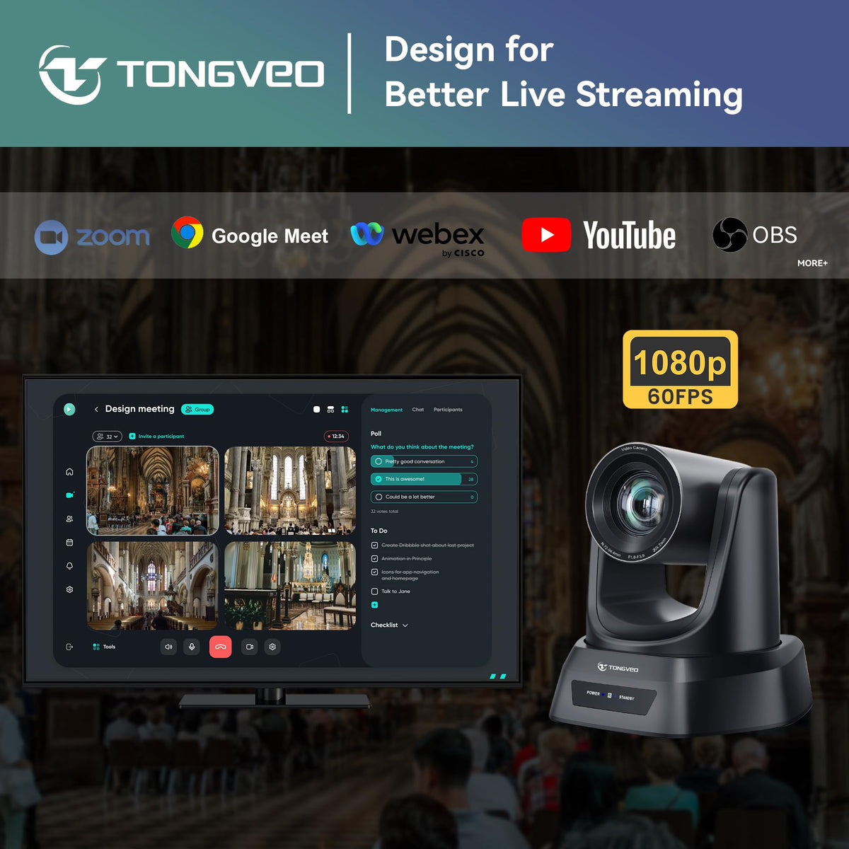 TONGVEO Conference Room PTZ Camera System with 20X Optical Zoom, AI Auto Tracking 1080P 60fps HDMI USB Webcam for Church Streaming Online Video Conference,Compatible with Zoom, OBS Easy Setup（1 pc