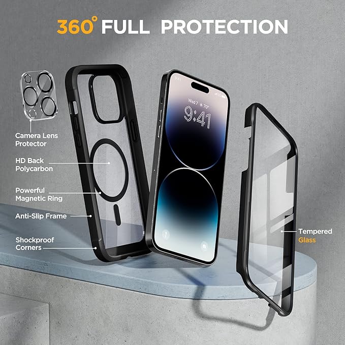 Miracase Glass Series Designed for iPhone 14 Pro Max Case 6.7 Inch, Upgrade Full-Body Magnetic Case with Built-in 9H Tempered Glass Screen Protector, with Camera Lens Protector, Magnetic Black