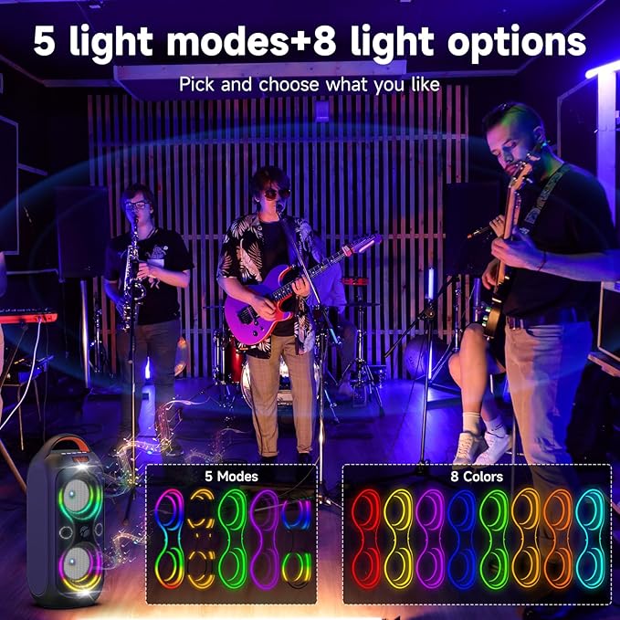 Portable Bluetooth Speaker 120dB Loud with Beat-Sync LED Lights & Dual 4-inch Speakers – 5 RGB Modes + 8 Colors, Bluetooth 5.3, USB/TF/AUX/FM/Mic, TWS Pairing – for Outdoor, Party, Camping & Beach