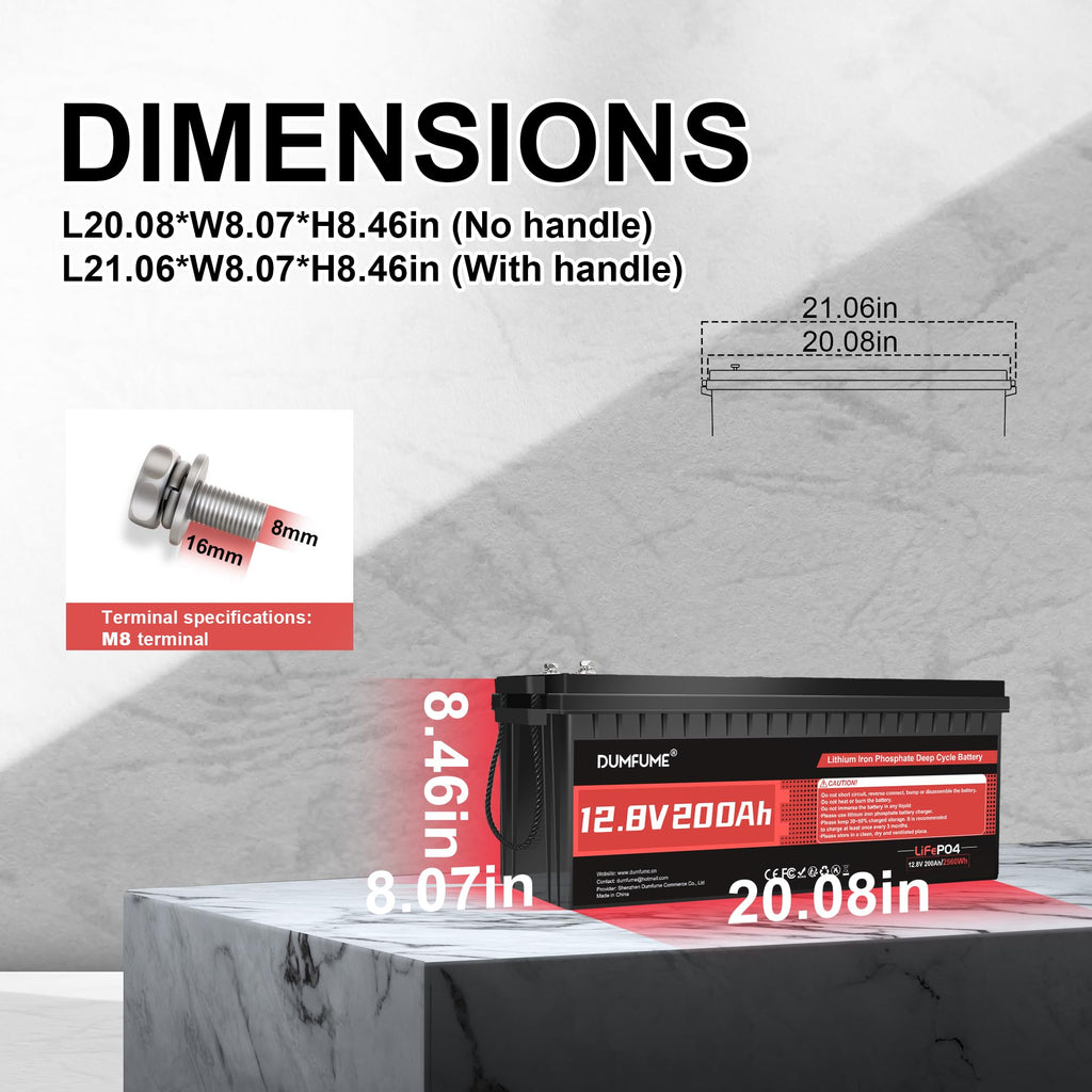Dumfume 12V 200Ah LiFePO4 Battery 200A BMS IP65 Low Temp Cutoff