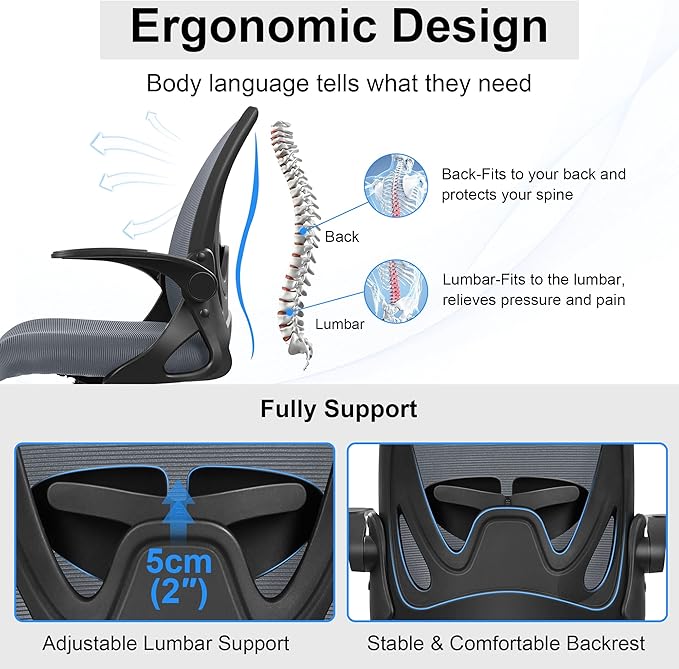 Primy Drafting Chair Tall Office Chair with Flip-up Armrests Executive Ergonomic Computer Standing Desk Chair with Lumbar Support and Adjustable Footrest Ring（Dark Gray）
