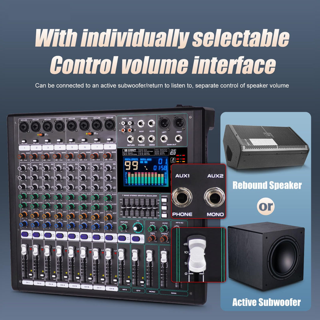 GF8 Pro Multi functional 8-channel Audio Mixer, Bluetooth DJ Mixing Console -7-level Stage Equalizer, 99 Sound Effects, Stage Independent Mute, Karaoke, Wedding Scene, Party DJ Mixer