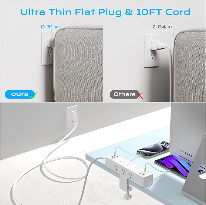 Acozvin Desk Clamp Power Strip 10FT, 40W Total Fast Charging Station