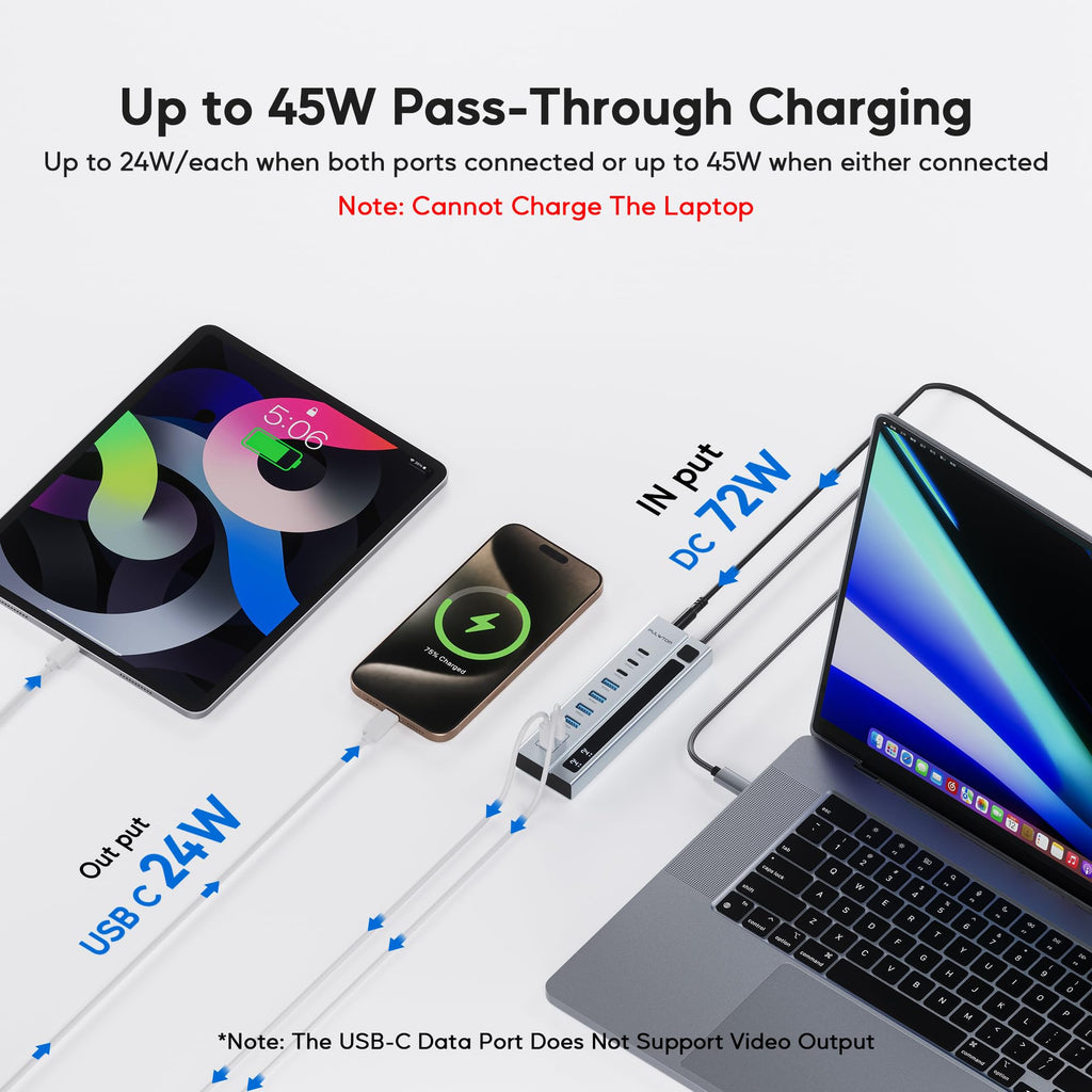 Powered USB C Hub, 9-in-1 USB-Hub suppprt 10Gbps & PD 45W Max Charging