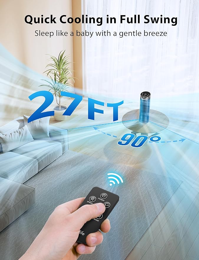 Grelife 13" Electronic Tower Fan with Remote Control, 3 Speed & 3 Modes, 90° Oscillation, LED Display, 7.5H Timer, Quiet Bladeless Cooling – Portable Space-Saving for Bedroom Office, Home
