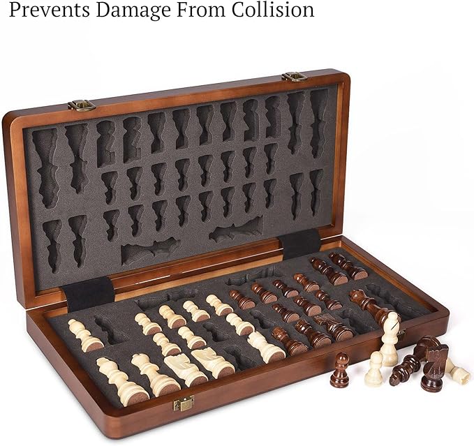 15" Wooden Chess Set with Magnetic Pieces - Extra Queens - Folding Chessboard Portable Travel Tournament Chess Board Games for Adults Kids