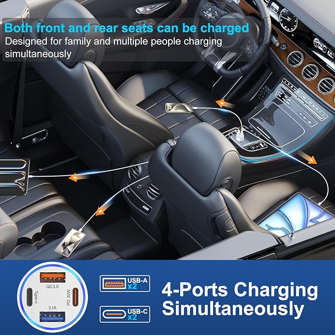 USB C Fast Car Charger, 65W 4-Port Dual USB-C & USB-A Multiport Car Phone Charger Adapter,Fast Charging Cigarette Lighter Adapter Truck Car Accessories for iPhone 16/16e/15 Pro Max,Samsung,iPad,Pixel
